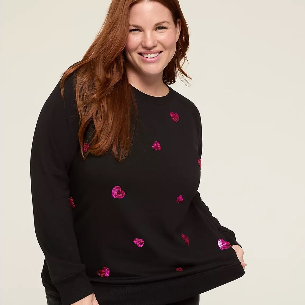 Lane Bryant Black Crewneck Sweatshirt with Pink Sequin Hearts